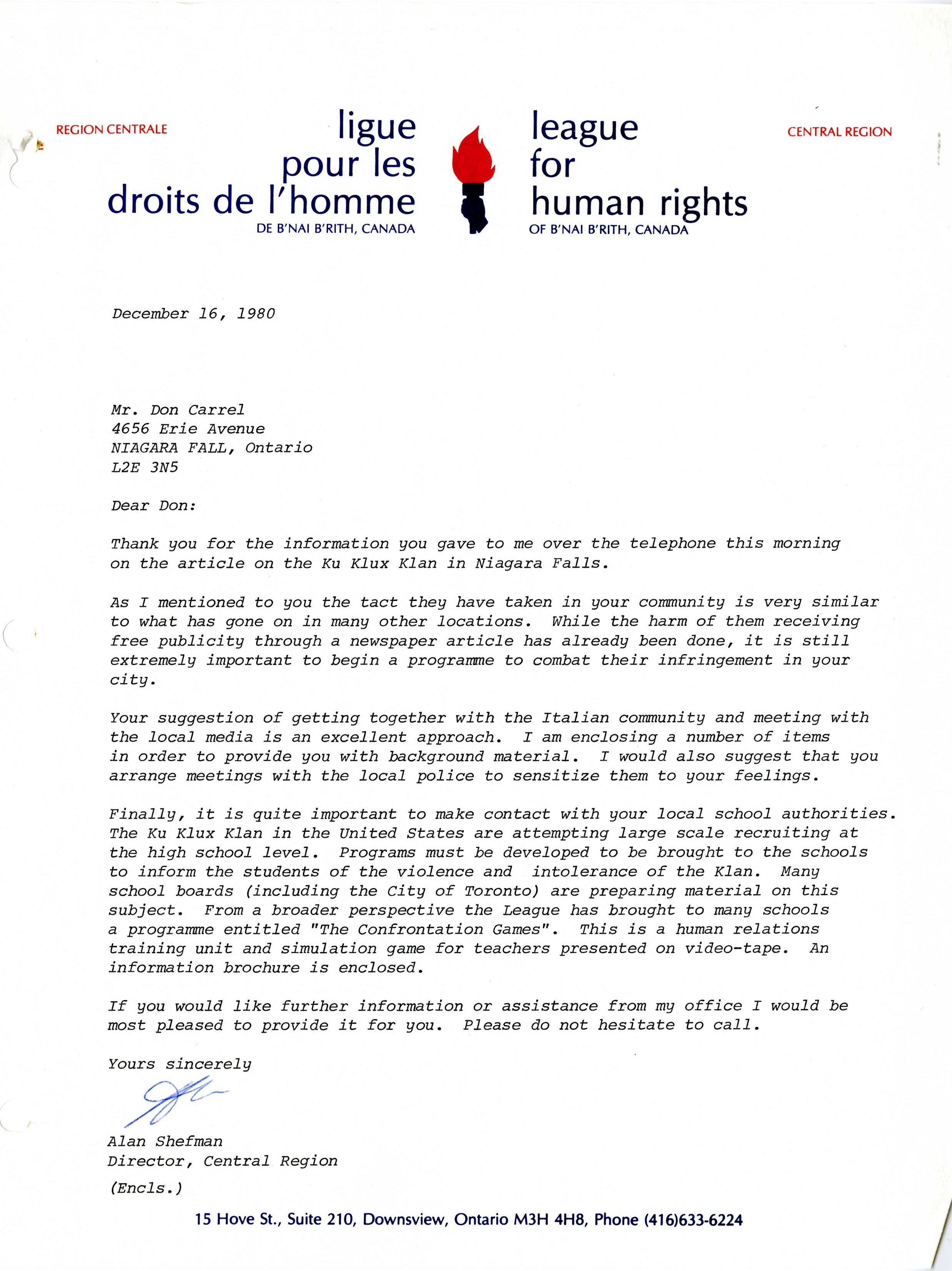 Letter from the B’nai Brith’s League for Human Rights to Don Carrel, 16 December 1980