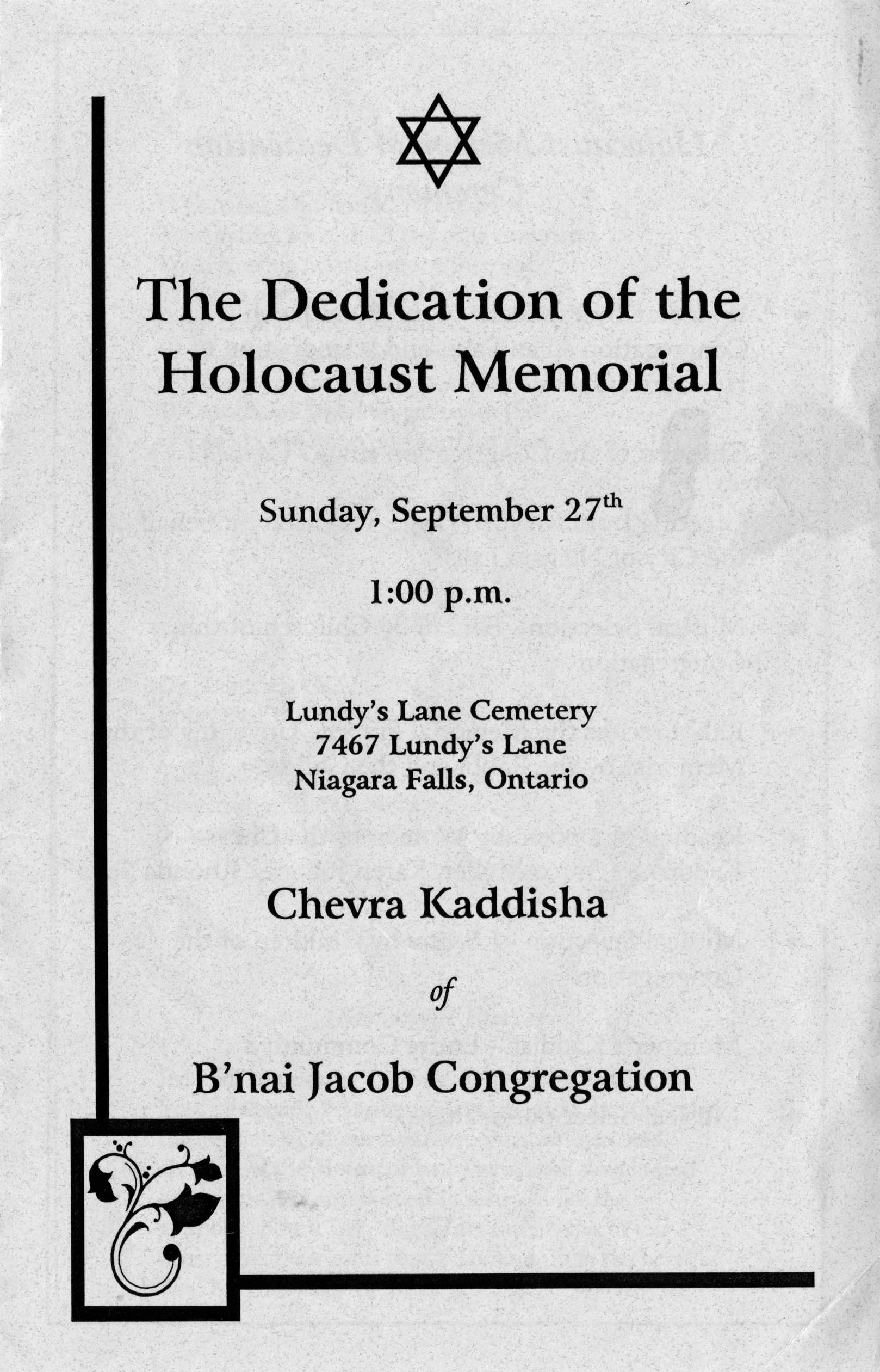 Program for the dedication of the Holocaust Memorial, 27 September  1998