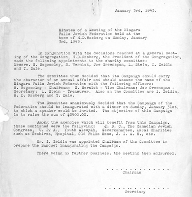 Minutes from the first meeting Niagara Falls Jewish Federation, 3 January 1943