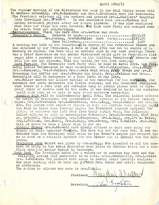 Minutes of the Sisterhood meeting held on 18 April 1955