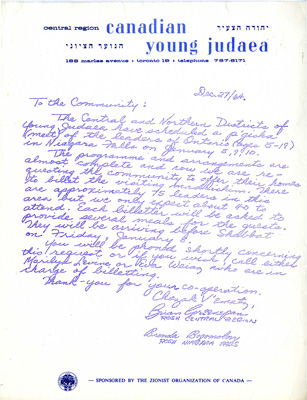 Letter from Canadian Young Judaea, Central Region representatives Brian Greenspan and Brenda Bogomolny, regarding the meeting of the leaders in Niagara Falls from 8-10 January, 1964