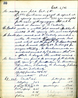 Meeting minutes of the congregation discussing the opening ceremonies at the new synagogue, 6 October 1946