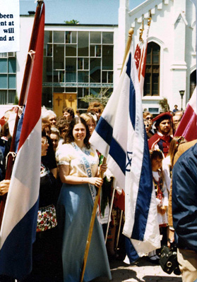 Tamar Perlman as Miss Jewish Community in a parade, 1978