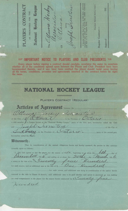 Joe Ironstone's NHL contract