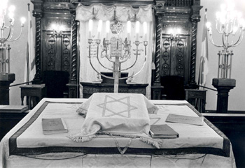 The view from the bimah facing east, April 1974. Services and torah readings are led from this platform. 