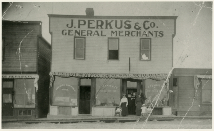 Waxer’s installation is inspired by the general store - Perkus Limited - started by her great-great grandmother in northern Ontario.  PHOTO: J. Perkus & Co. General Merchants, Cochrane, ca. 1910. Ontario Jewish Archives, item 1608.