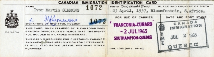 Ivor Simmons Canadian Immigration ID Card, 1963. OJA, accession #2015-6/3.