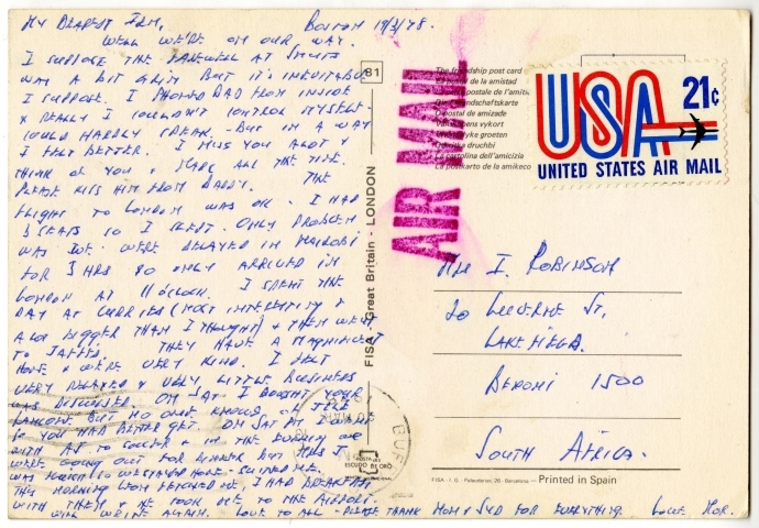 Post card sent by Morris Robinson to his wife on his way to Canada, 1978. OJA, accession #2016-3/60.