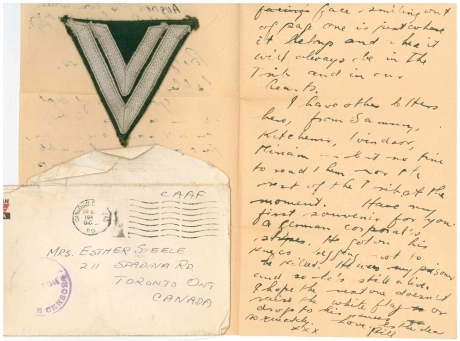 Letter from Bill Walsh to Esther Steele, 2 October, 1944 with German Corporal stripes. Ontario Jewish Archives, Blankenstein Family Heritage Centre, accession 2017-2/12.