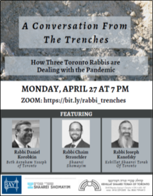 Poster for event A Conversation From the Trenches: How Three Toronto Rabbis are Dealing with the Pandemic