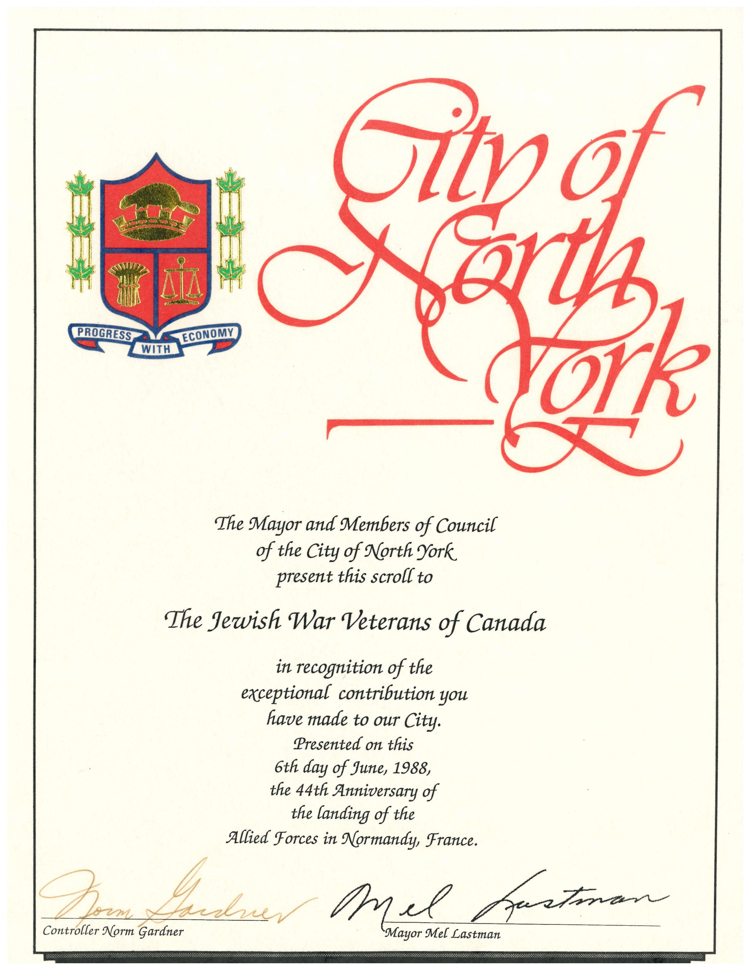 City of North York scroll issued to the Jewish War Veterans of Canada