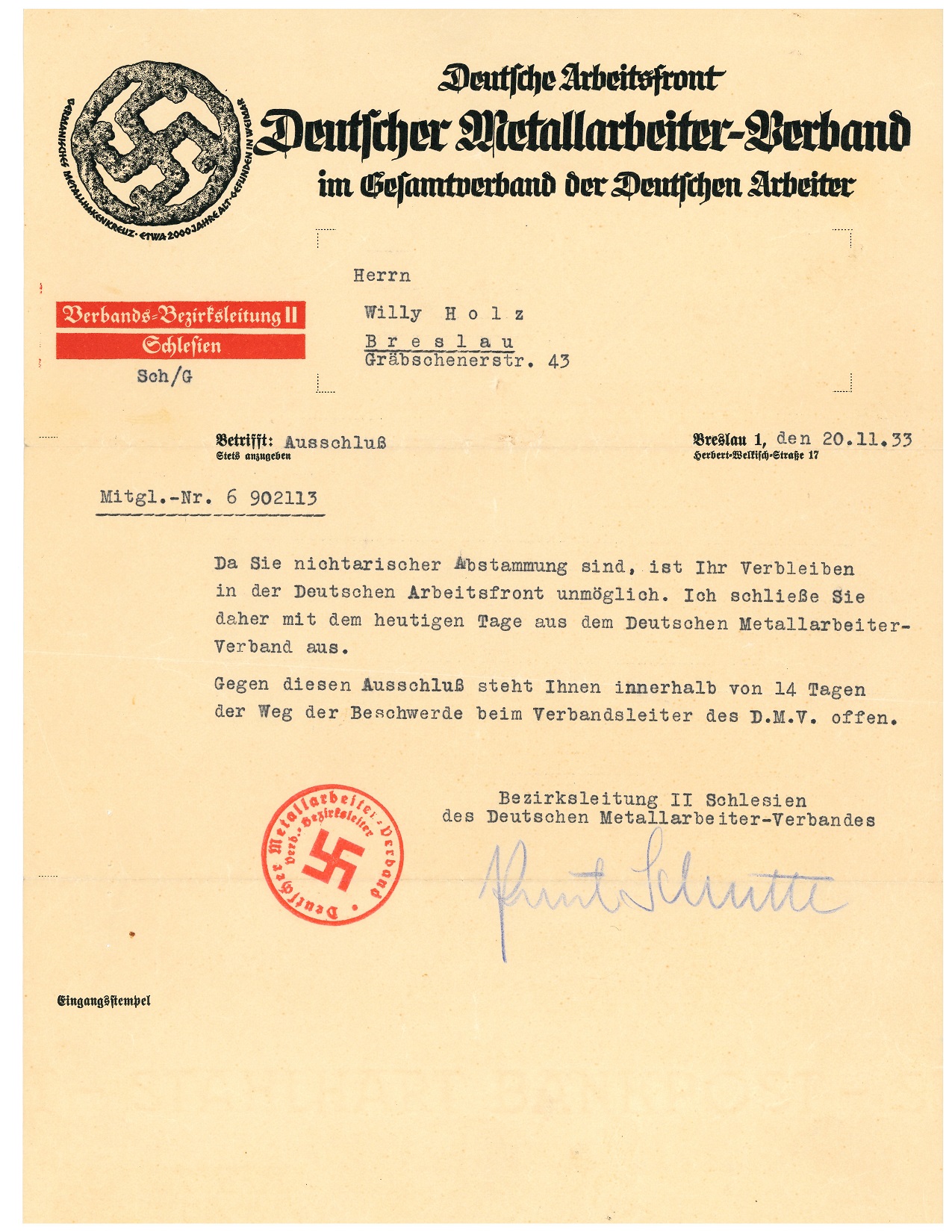 Letter to Willy Holz from German Metal Workers' Union