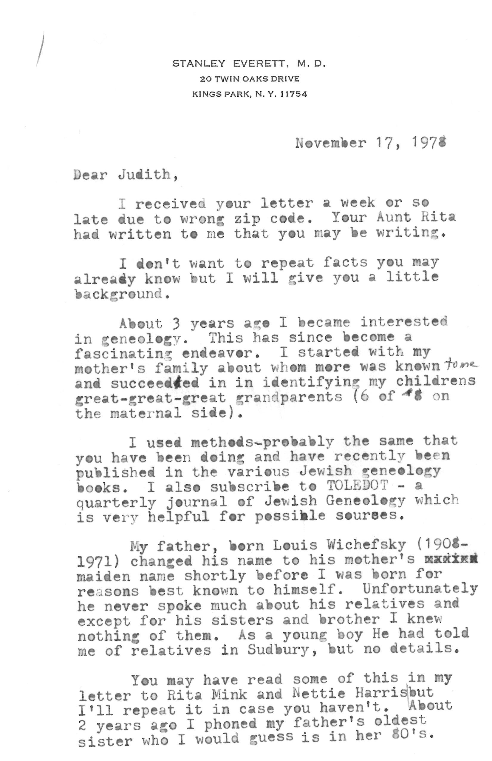 Letter to Judith Nefsky from Stanley Everett