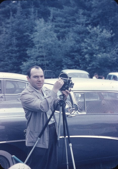 Dr. John E. Ackerman with his film camera, [195-]. Ontario Jewish Archives, accession #2013-7/13.