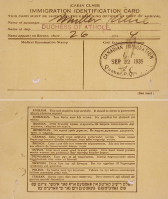 Immigration identification card for Alice Muller, 22 September 1939