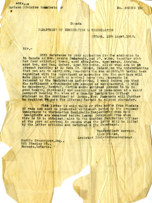 Letter from the Department of Immigration and Colonization to “Morris Greenspoon”, 11 August 1928