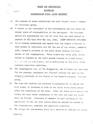Rules and regulations for the new B’nai Jacob Cemetery, 1957