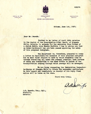 Letter from an immigration official working for the Department of Mines and Resources regarding the passing of an order in council to admit Rabbi Aron Chenje Nejfeld into Canada, 1 June, 1937 