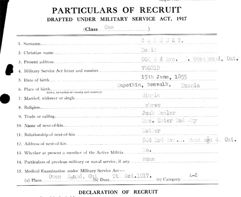 David Cadesky’s military draft paper from the First World War, 1917