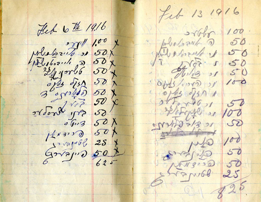 Dues book from the Peterborough Jewish community, February 1916
