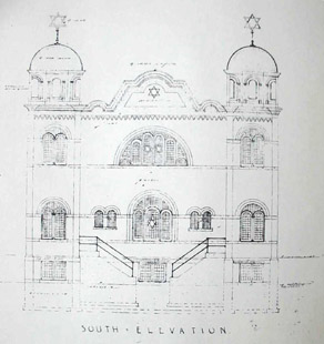 Original architectural drawing of the exterior southern side of the Kiever by Benjamin Swartz
