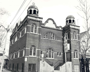 Exterior view of Kiever synagogue from the southwest corner of Bellevue and Denison Avenues