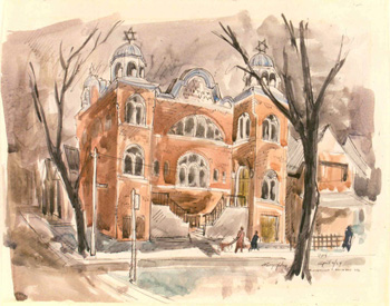 Watercolour of the Kiever synagogue by artist Aba Bayefsky