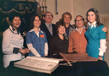 Members of the Sense of Spadina Walk Committee, June 16, 1974. This photograph was taken inside the Kiever. Pictured from left to right are: Susan Cohen, Cyrel Troster, Mr. Pinkus, Bess Shochett, Martin Mendelow Charles Goldsbie, and Susan Brown. 