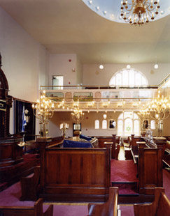 View of the sanctuary, including the bimah and the southern wall. 
